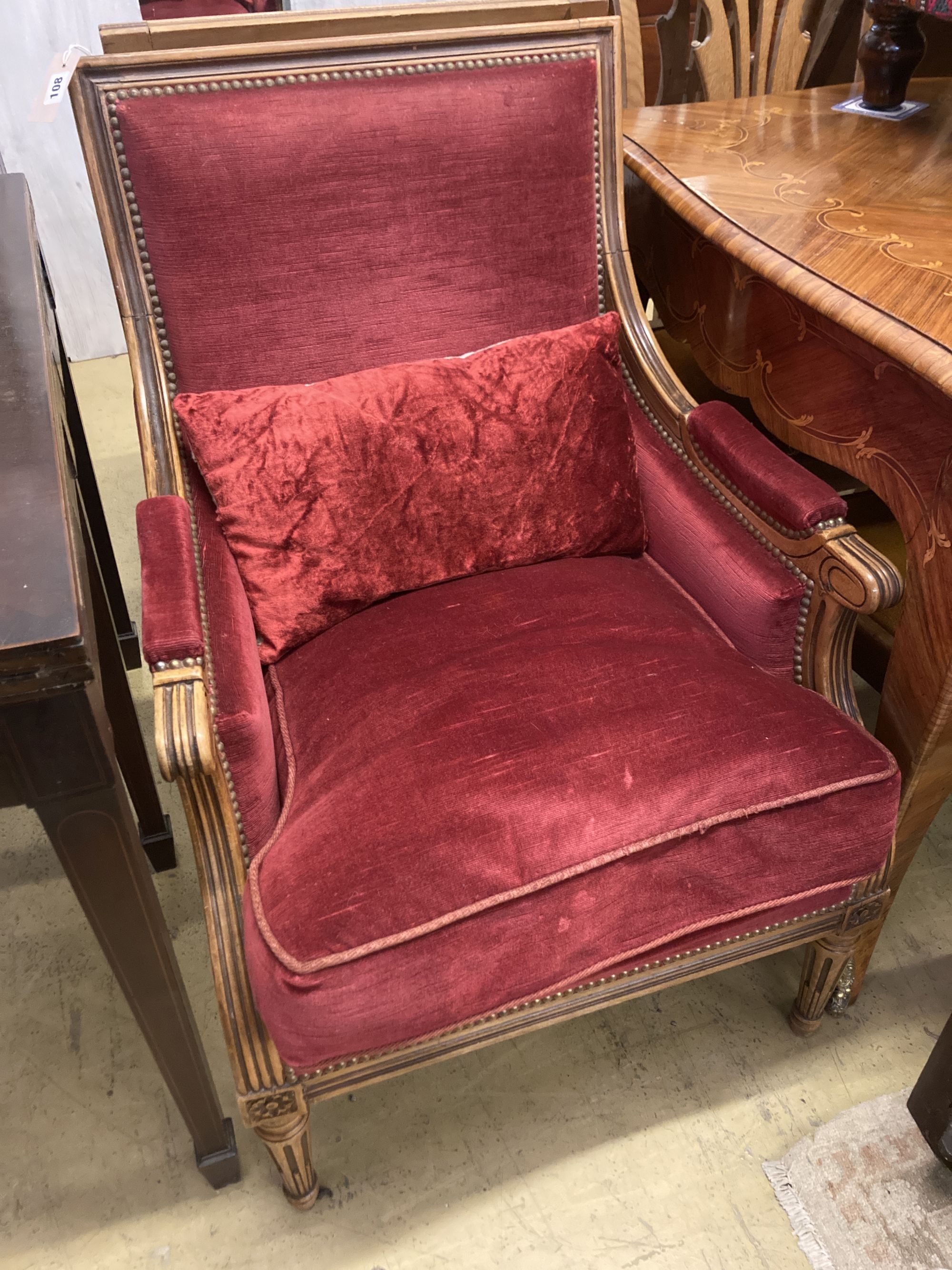 A pair of Louis XVI style upholstered mahogany armchairs, width 64cm, depth 70cm, height 93cm